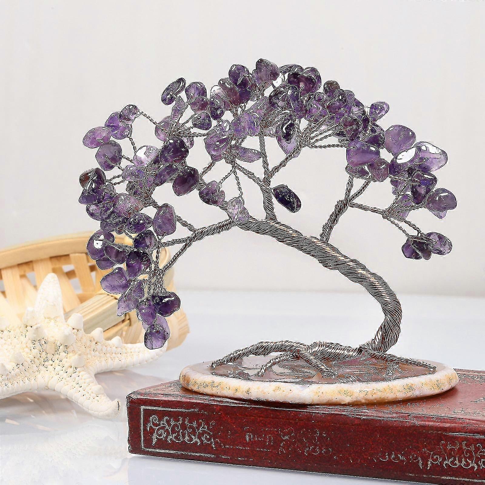 SNQTV-Handmade Colorized Crystal Money Tree For Good Luck Wealth Health, Figurine Bonsai On Natural Agate Slab