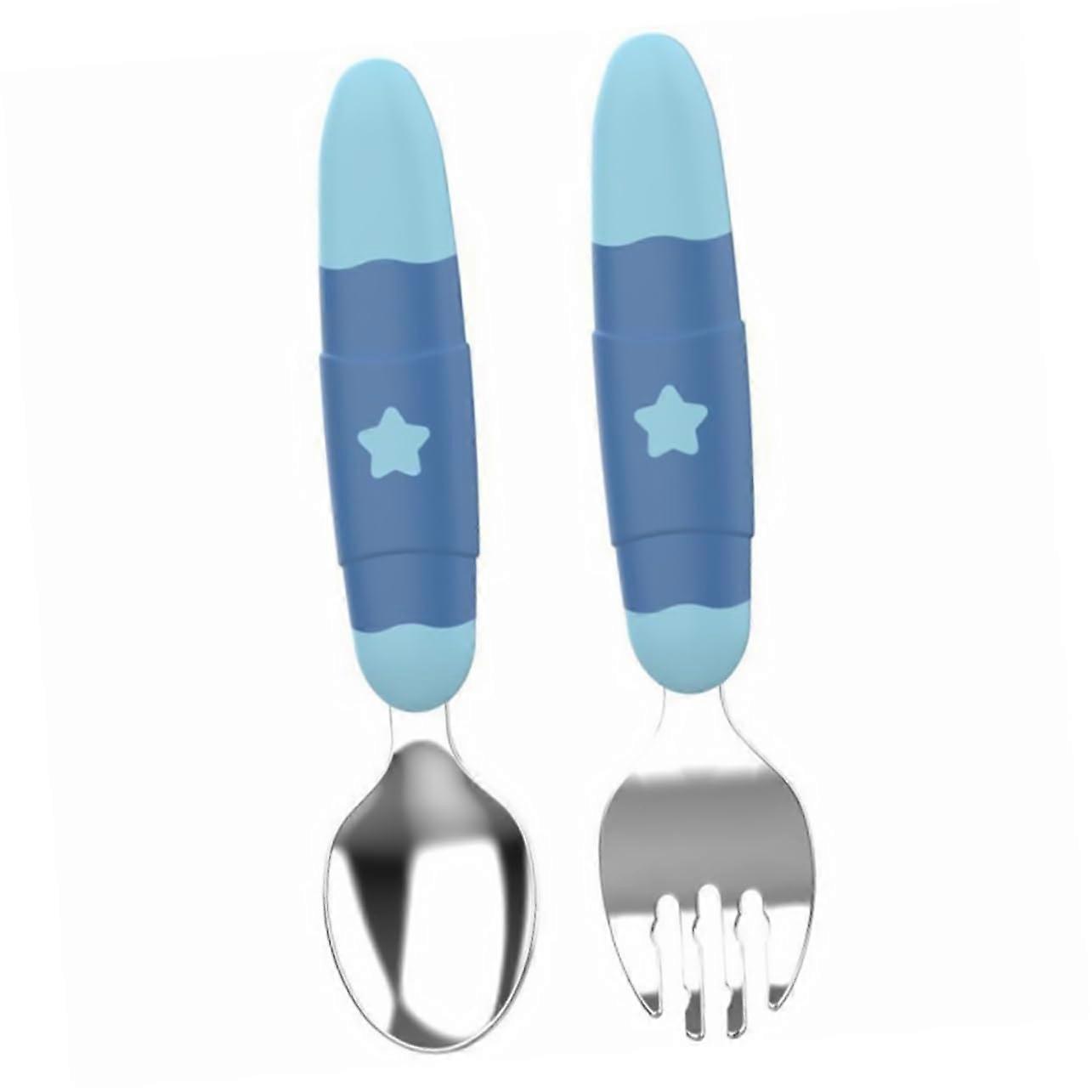 Stainless Steel Cartoon Fork and Spoon Set Portable Lightweight Training Tableware for Ergonomic Design with Eco Friendly Material Blue
