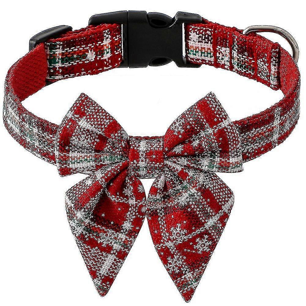 Holiday Dog Collar With Bow, Adjustable Christmas Plaid Dog Collar With Safety Buckle, Softred Red-l