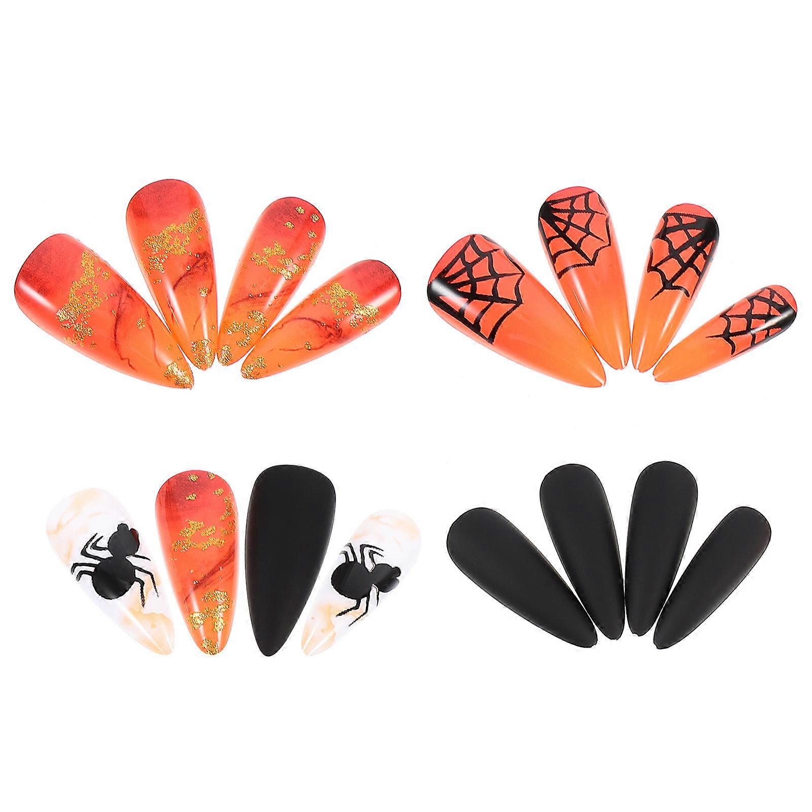 Spider Web Nails Press on Nails Halloween Role Playing Abs Assorted Color for Full Cover 24Pcs