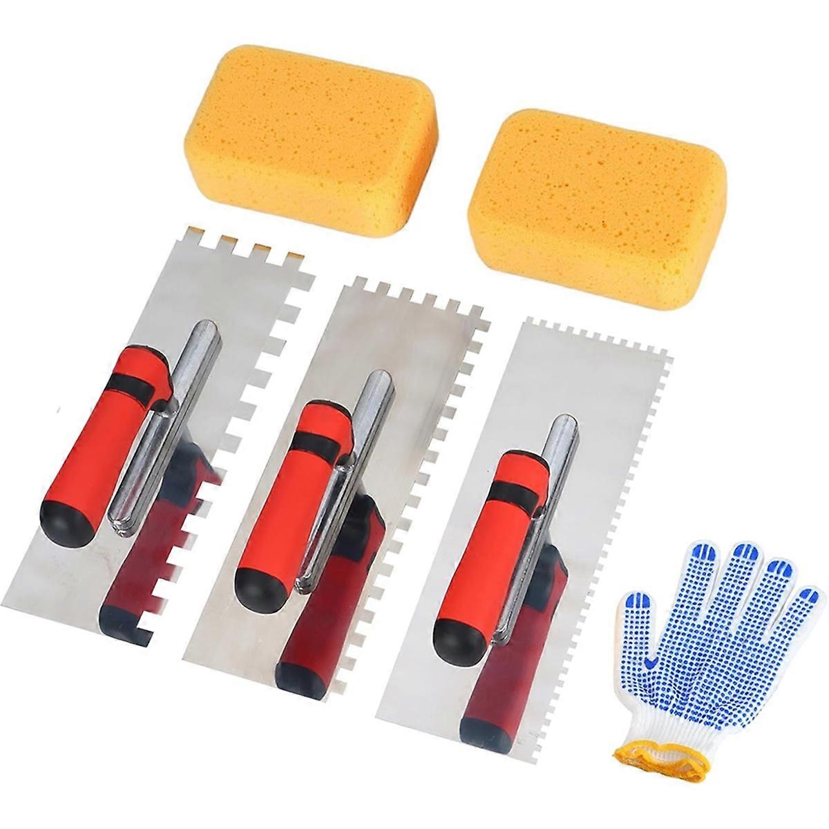 Stainless Steel Square Notched Tile Trowel Set, with Grout Sponge and Work Gloves, Masonry Tools for