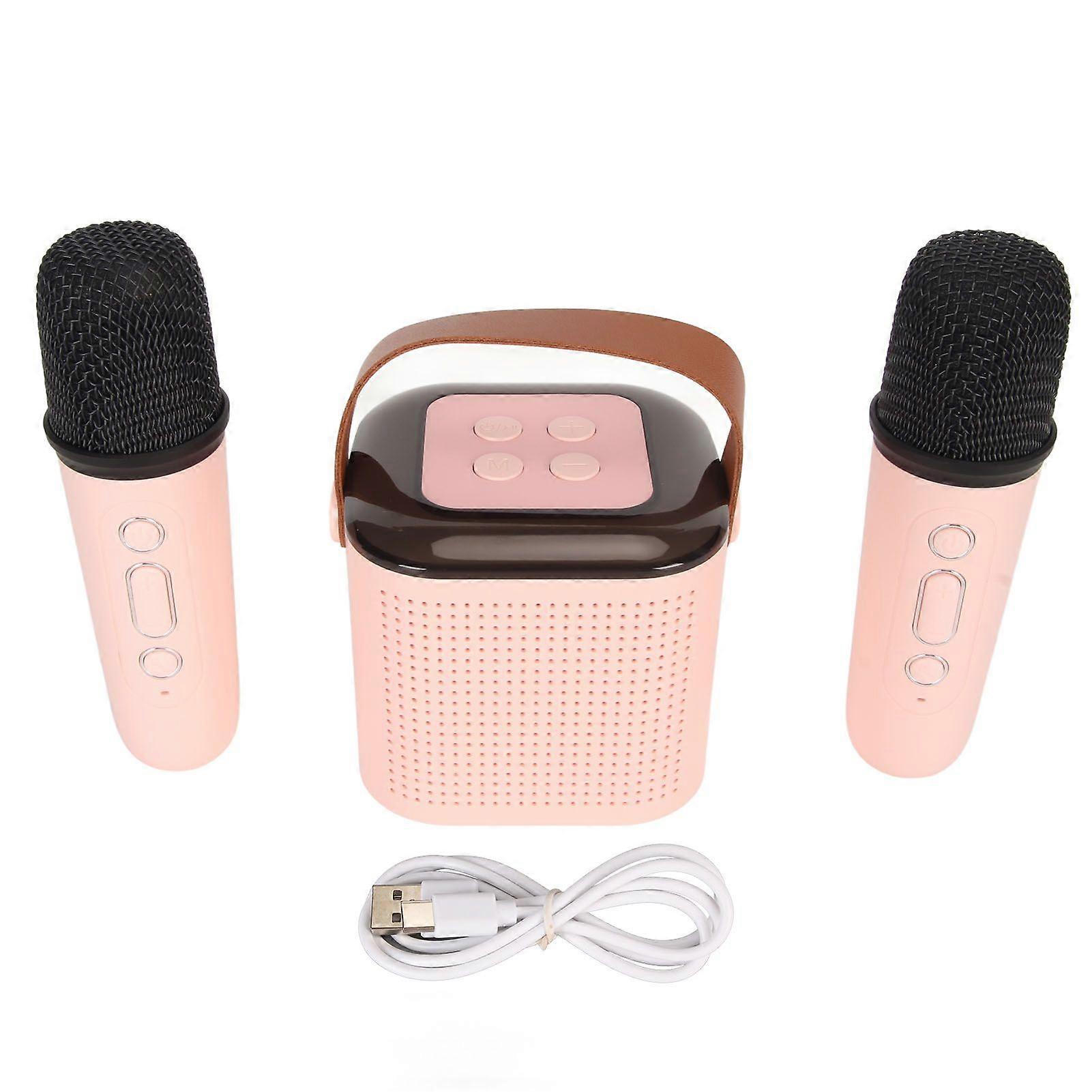 Mini Karaoke Machine Stereo Portable RGB Light Bluetooth Speaker with 2 Wireless Microphone for Home Party Pink