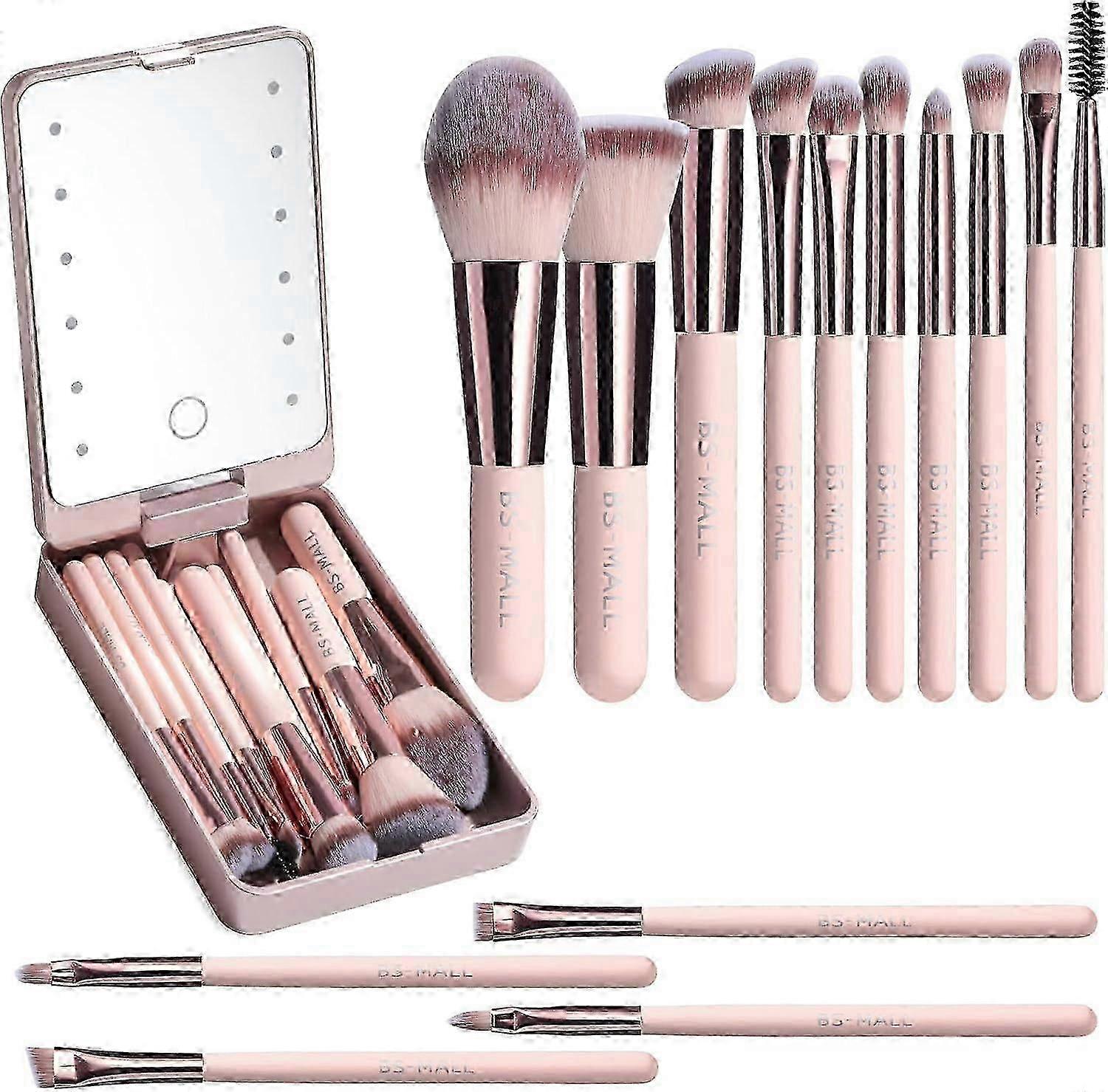 Travel Makeup Brush Set with Mirror, Pink