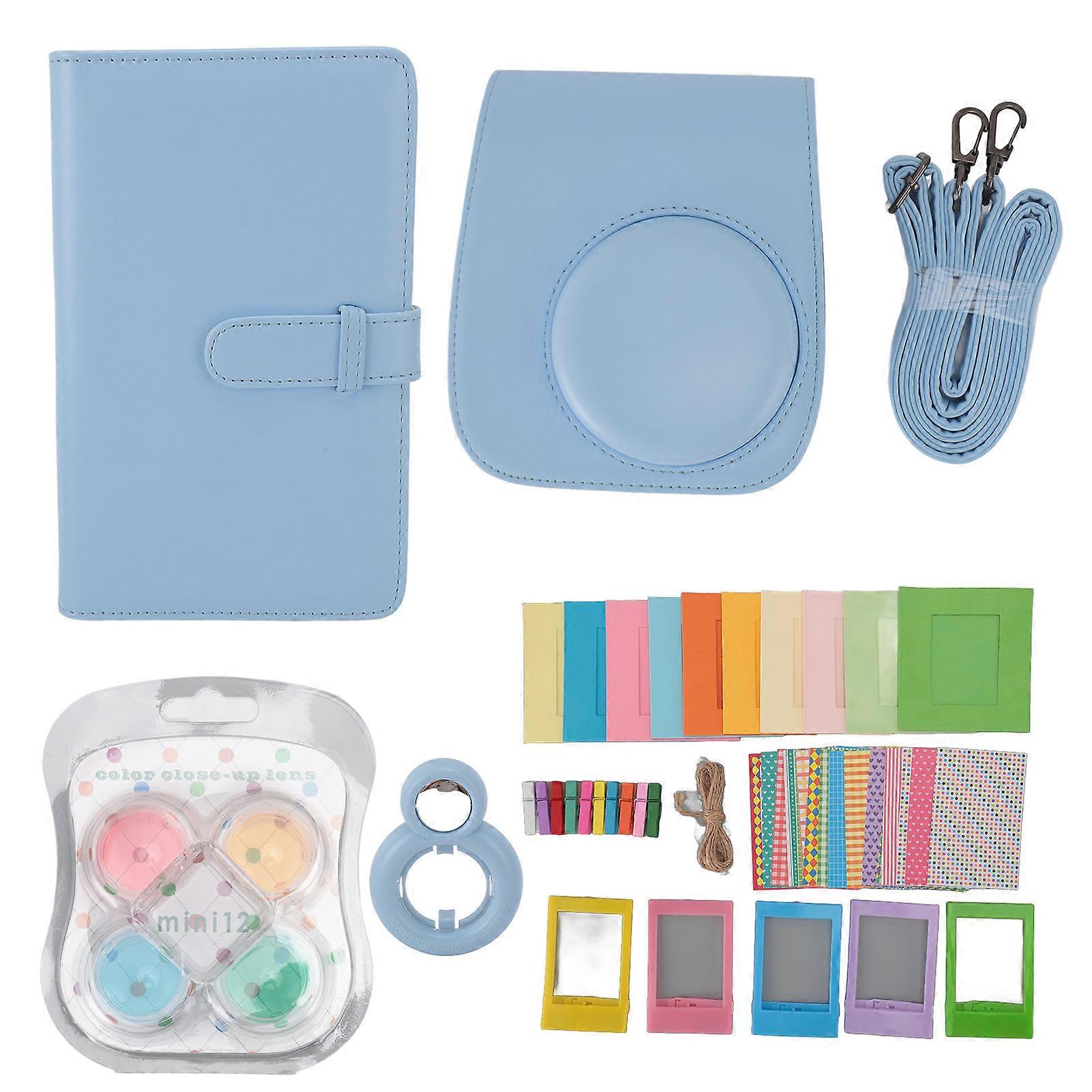 Instant Camera Protective Case with Photo Frames, Shoulder Strap, Mirror, Filters, Stickers, PU Leather Bag for Instax Mini 12, Hydrangea Blue