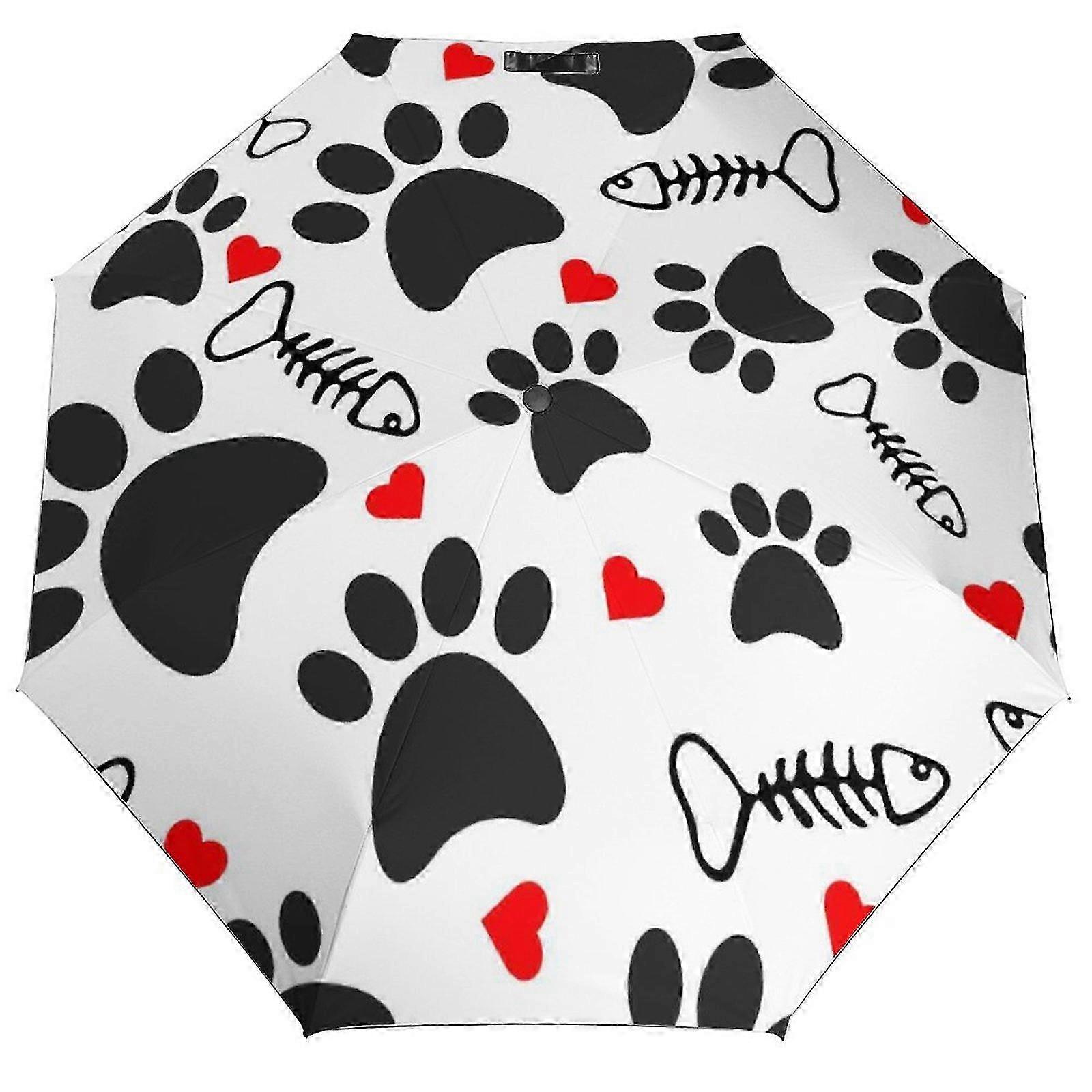 Trace Doodle Paw of Cat Prints Automatischer Taschenschirm Reiseschirm Winddicht Auto 3-Fach Regenschirm für Damen Herren Erwachsene