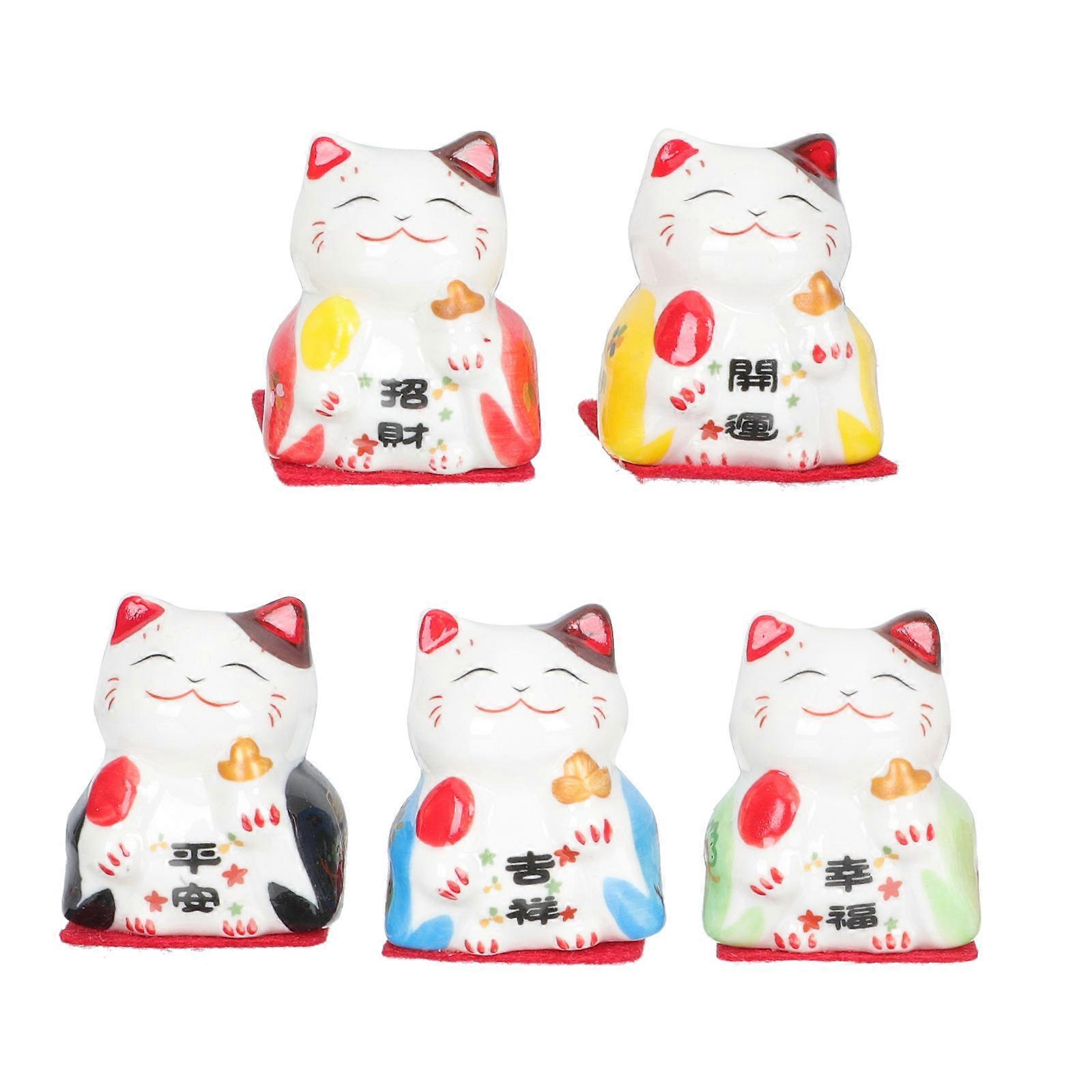 Auspicious Cat Figurine Ceramic Craft for Desktop 5Pcs Collection