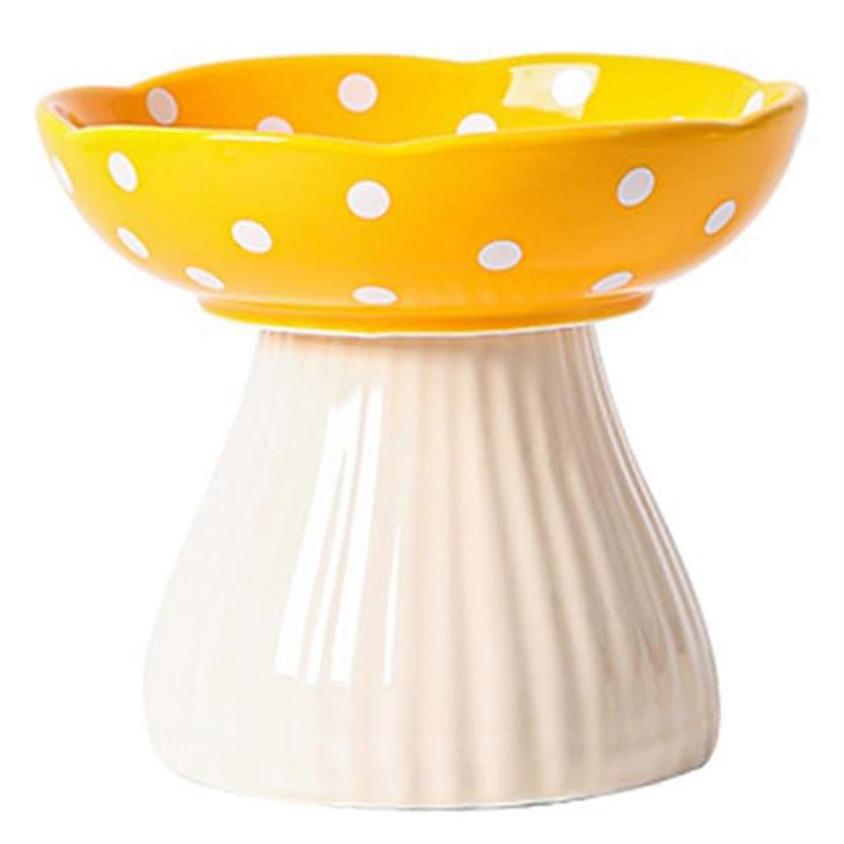 Mushroom Ceramic Cat Bowl Elevated Feeder Yellow