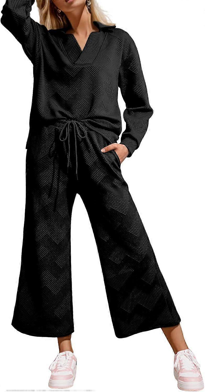 Unkonw Femmes Automne Tenues Col V Col Manches Longues Polos Tops Ensemble Détente Survêtements Surv