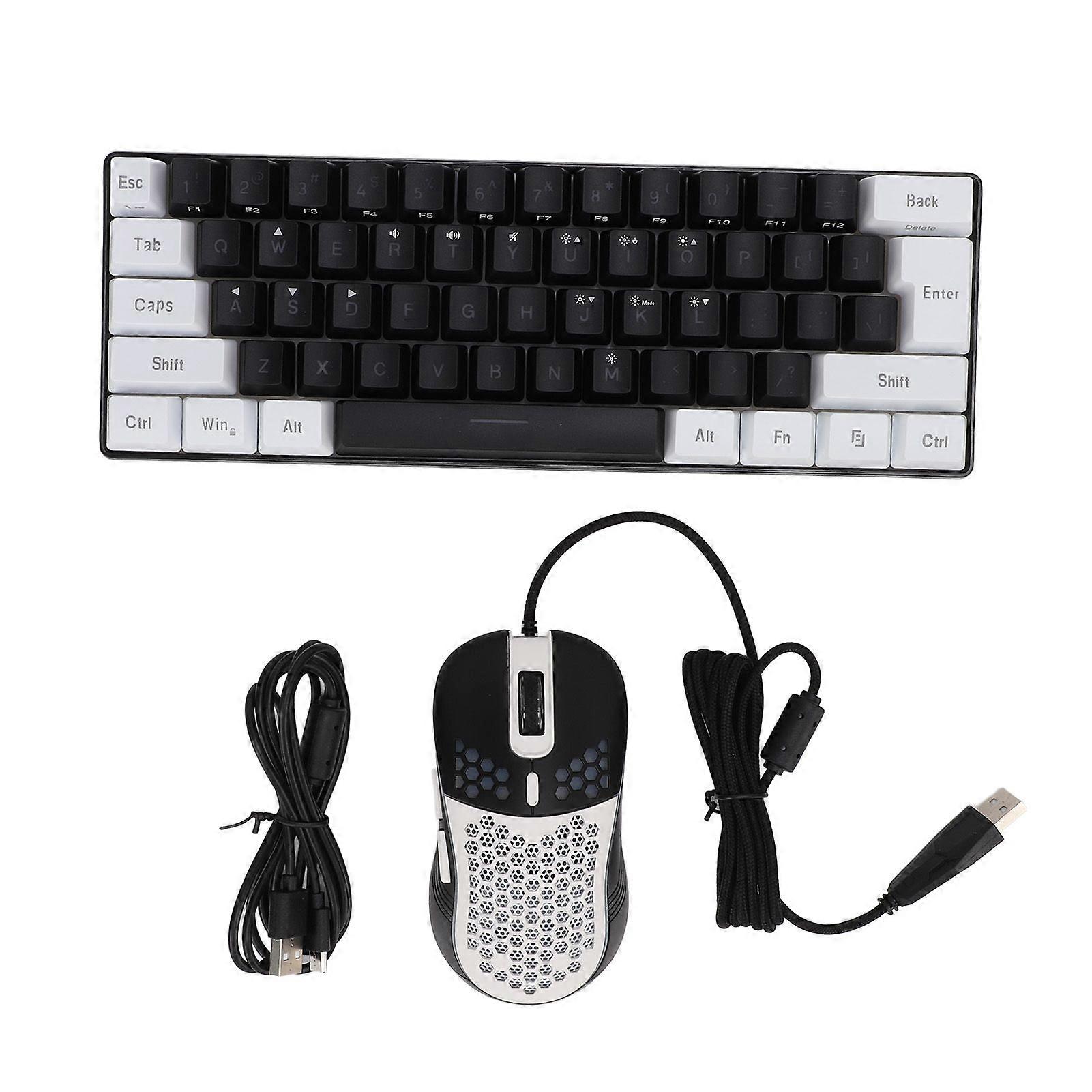 61 Key RGB Illuminated Keyboard with Mouse Multi Color LED Backlit Wired Gaming Keyboard for Tablet Laptop Black Center White Frame