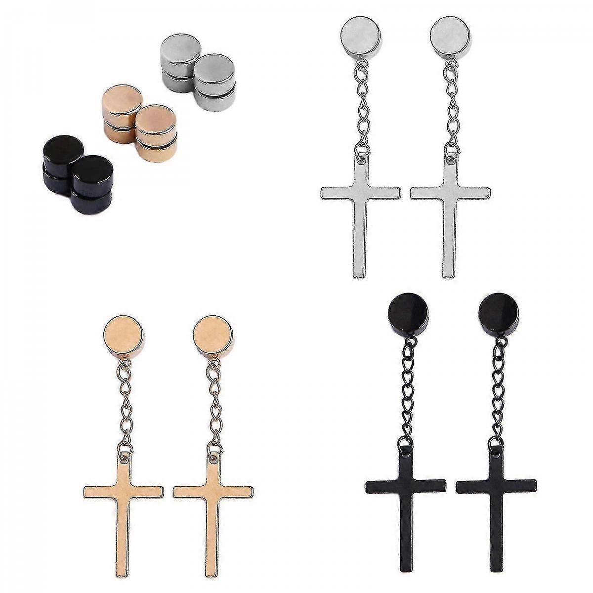 Set Of 3 Pairs Non-perforated Magnet Stud Earrings Stainless Steel For Cross Dangle