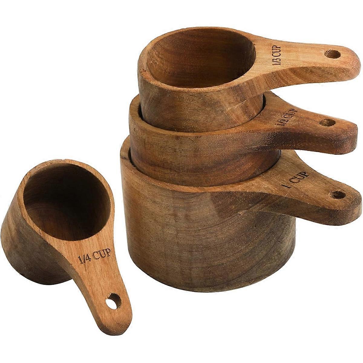 Set of 4 Wood Measuring Cups Stackable Handle Baking Cooking 4 Size