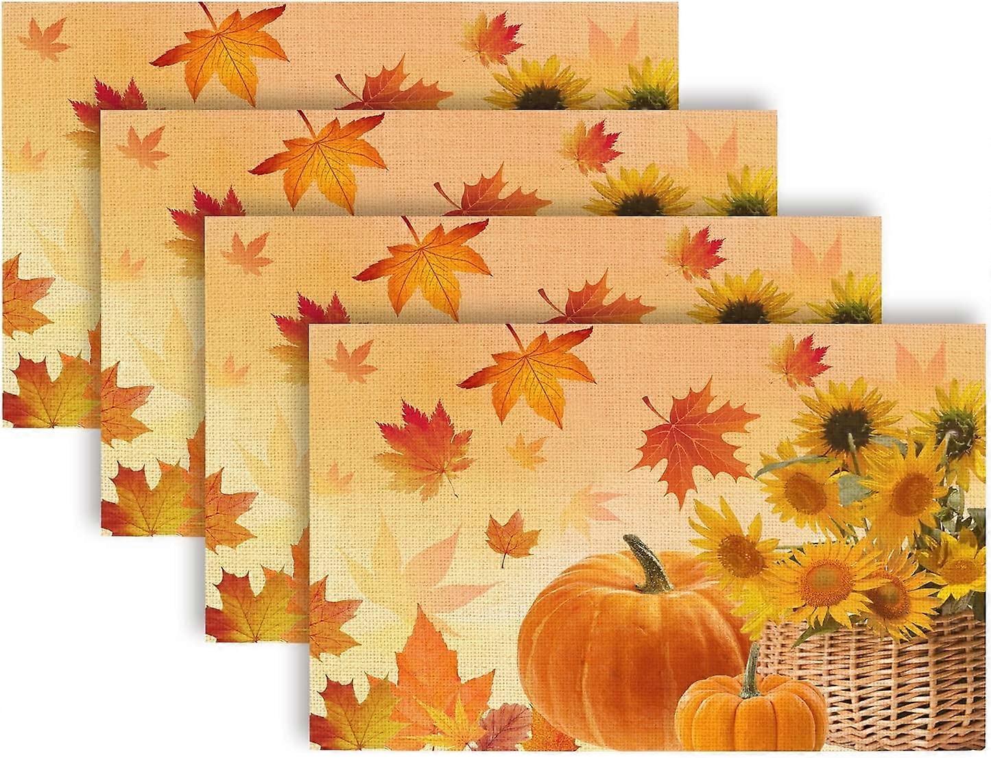 Sunflower Maple Leaves Pumpkin Fall Placemats Set of 4 Table Mat, Autumn Leaf Table Mats Linen Placemat for Party Kitchen Dining Decorations Fall