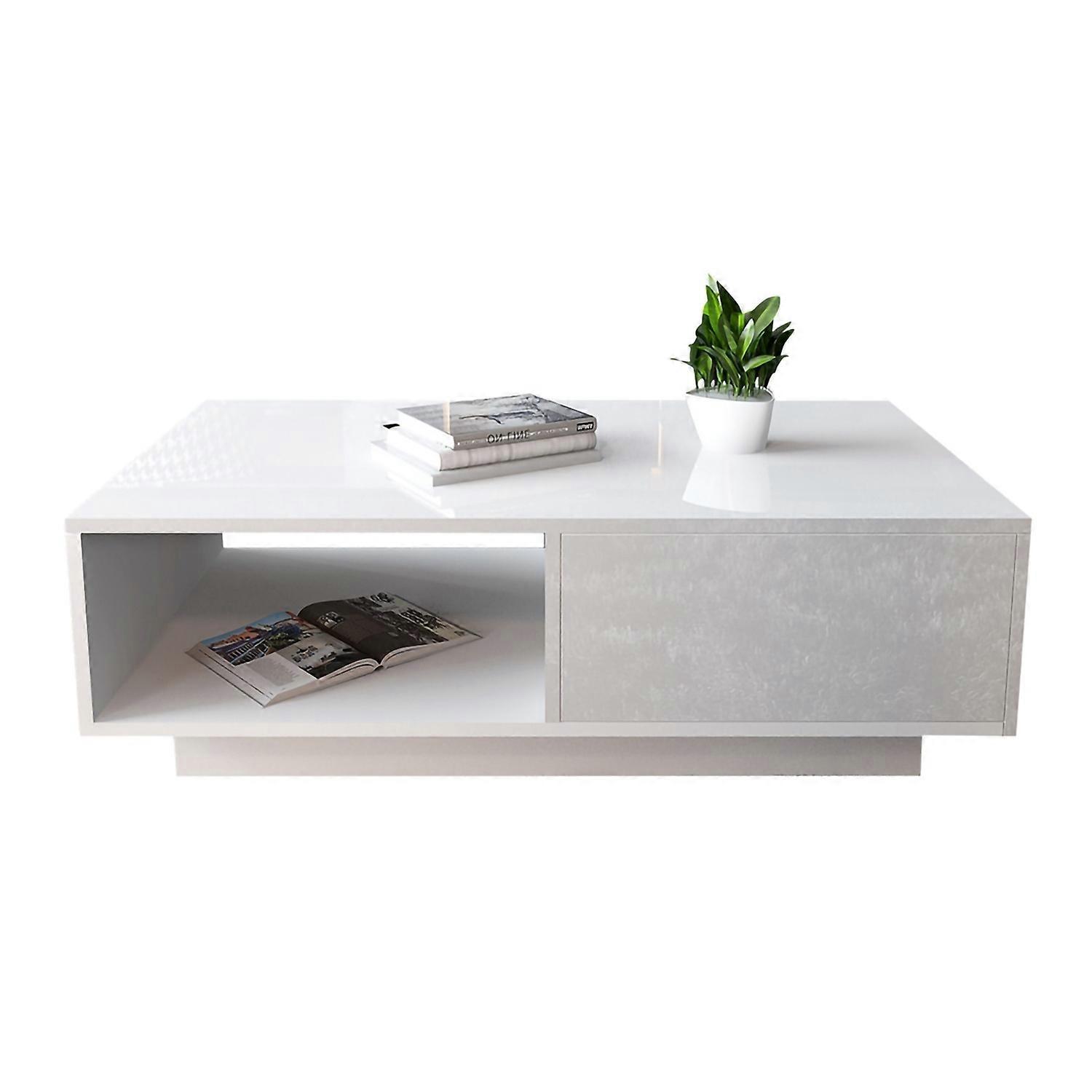 Modern High Gloss Rectangular Coffee Table Tea Table Storage Living Room(White)