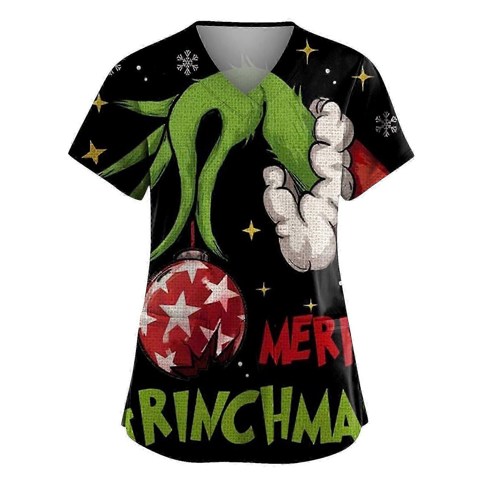 Womens Christmas Grinch Tops Nursing Uniform Scrub Short Sleeve Top With Pocket
