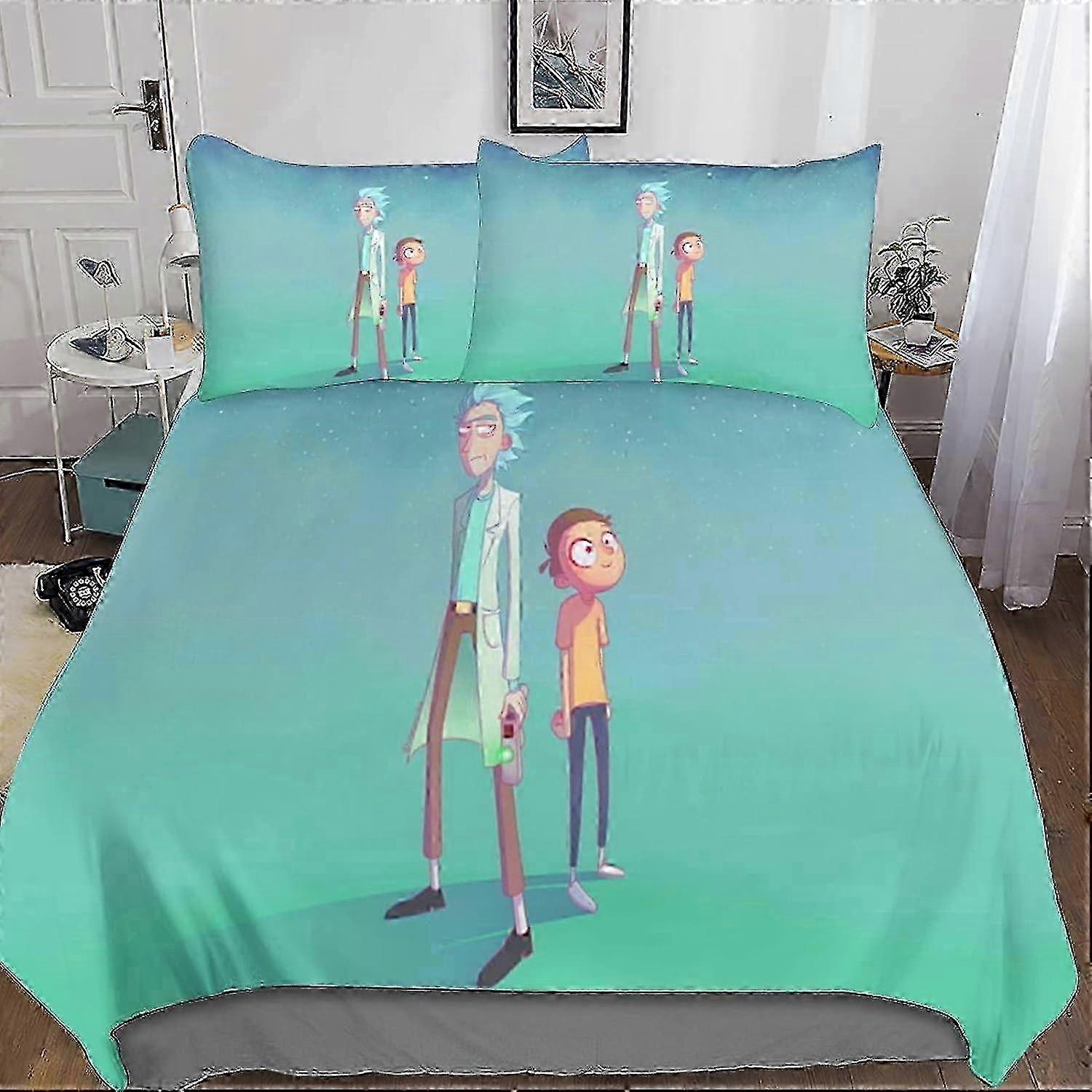 Rick e Morty três peças de cama conjunto D, Rick e Morty casa edredom capa, com capa de colcha e fronha, jogo de cama de microfibra 135 * 200 cm