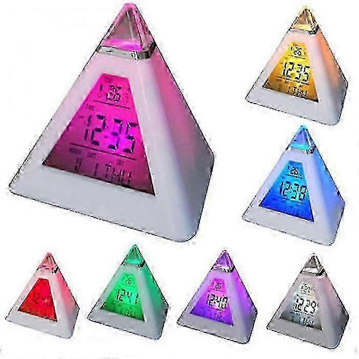 Digital Led Alarm Clock 7 Colors Changing Night Light Time Temperature Display Pyramid Shape Desk Clock FP