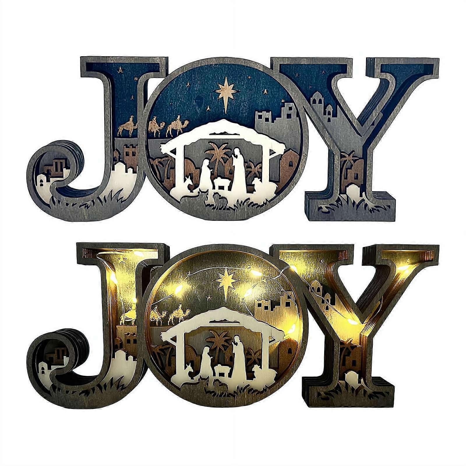 Wooden Nativity Scene with LED Light, 3D Joy Letter Carved Christmas Tabletop Decoration Set (Blue)