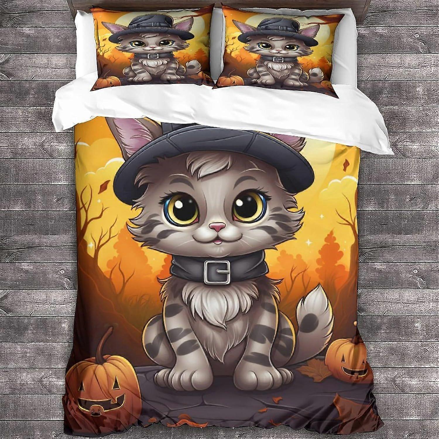 LikeEj Cat Povlečení Zvířecí vzor Tištěný povlak na povlečení s uzávěrem na zip, Měkké mikrovlákno Halloween Povlečení