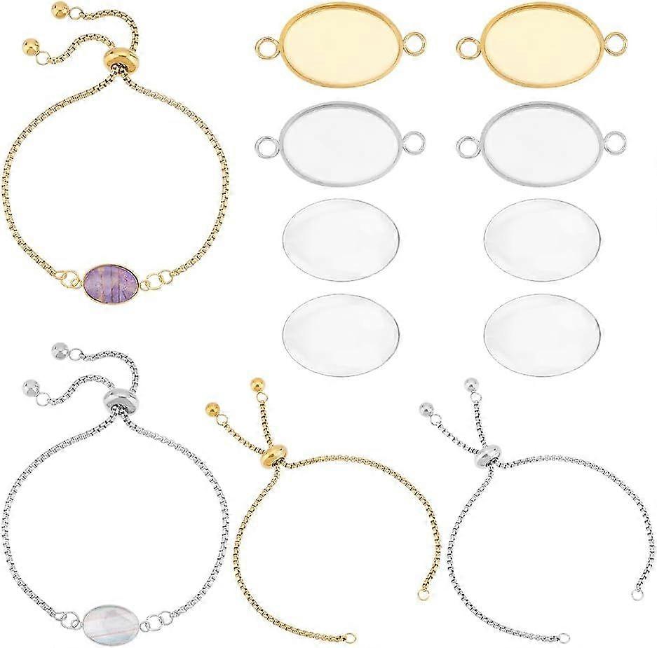 8 Sets 2 Colors Stainless Steel DIY Blank Oval Link Bracelet Making Kit Adjustable Slider Bracelets Chain with Oval Cabochon Connector Bezel with Glas