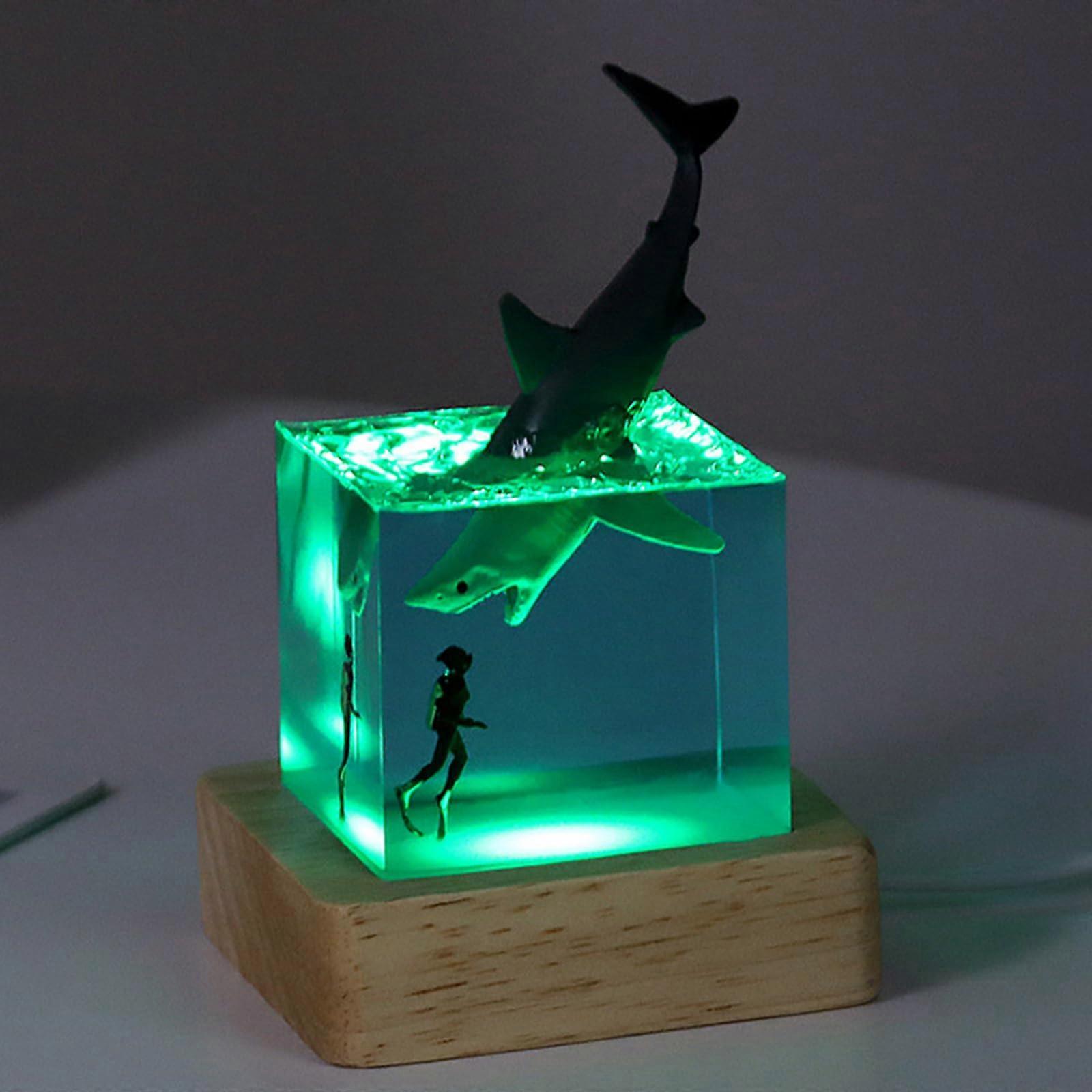 Epoxy Resin Ocean Theme Night Light with Wood Base LED, USB Whale Shark Desk Lamp Decor