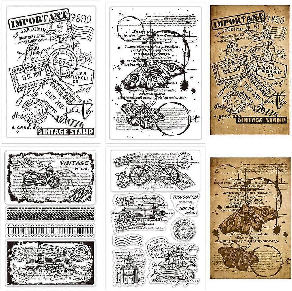 4 Sheets Vintage Background Clear Silicone Stamps for DIY Card Making Retro Srapbooking Silicone Transparent Seal Decorative Clear Stamps for Scrapboo