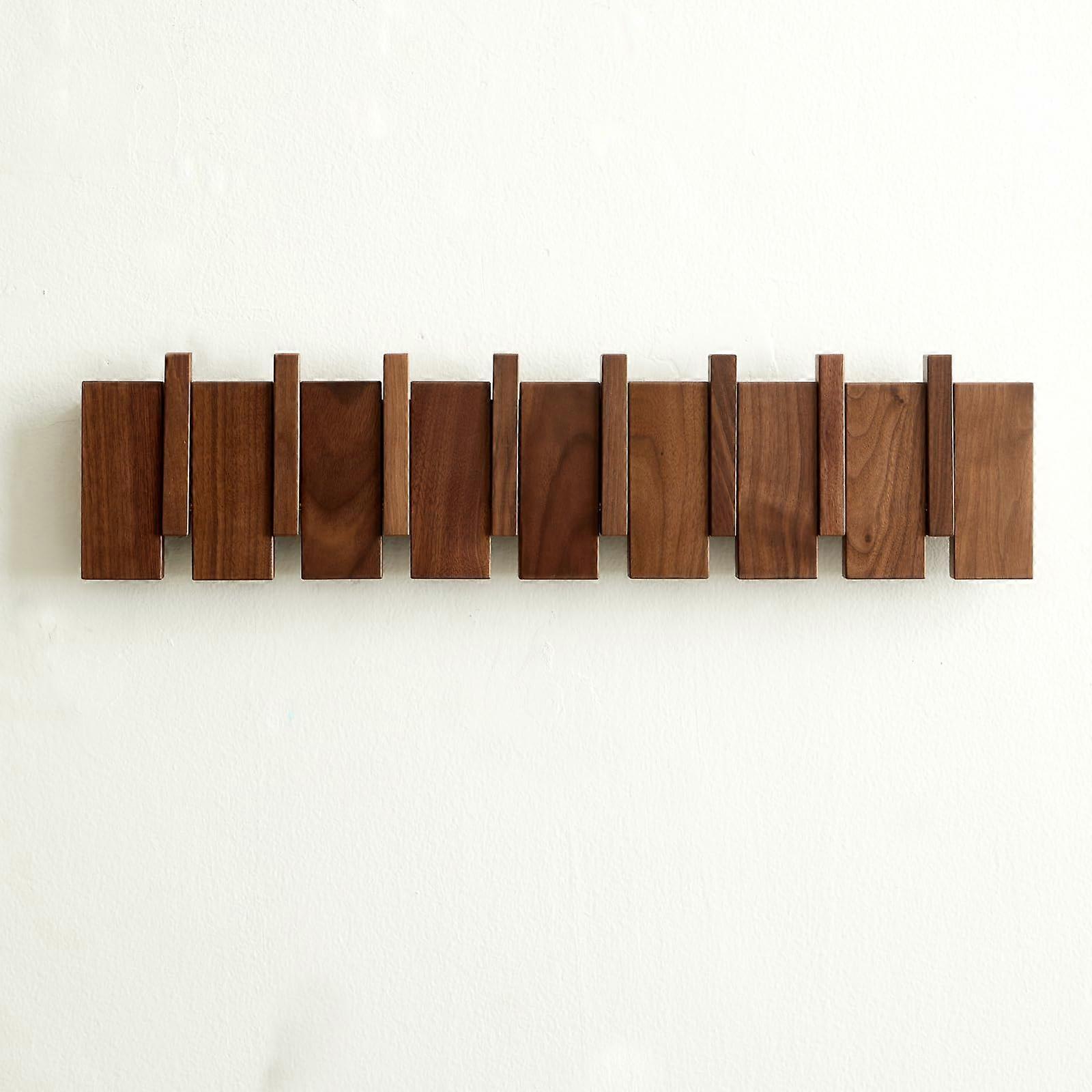 Wood Wall Mounted Coat Rack with 8 Retractable Hooks, Solid Wood Piano Key Design for Entryway, Walnut