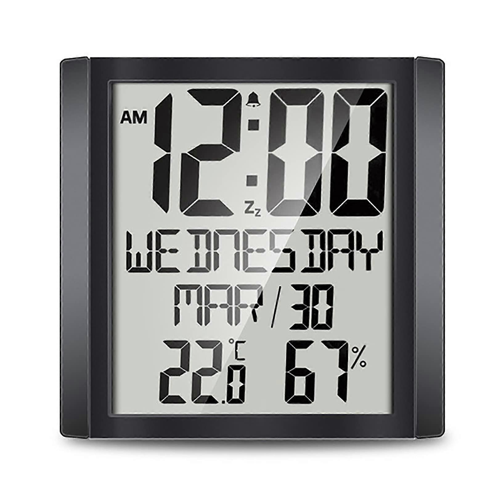 Digital Thermometer Hygrometer with Clock, Large Screen Indoor Temperature Humidity Monitor, Black 12.5x12.5x2CM