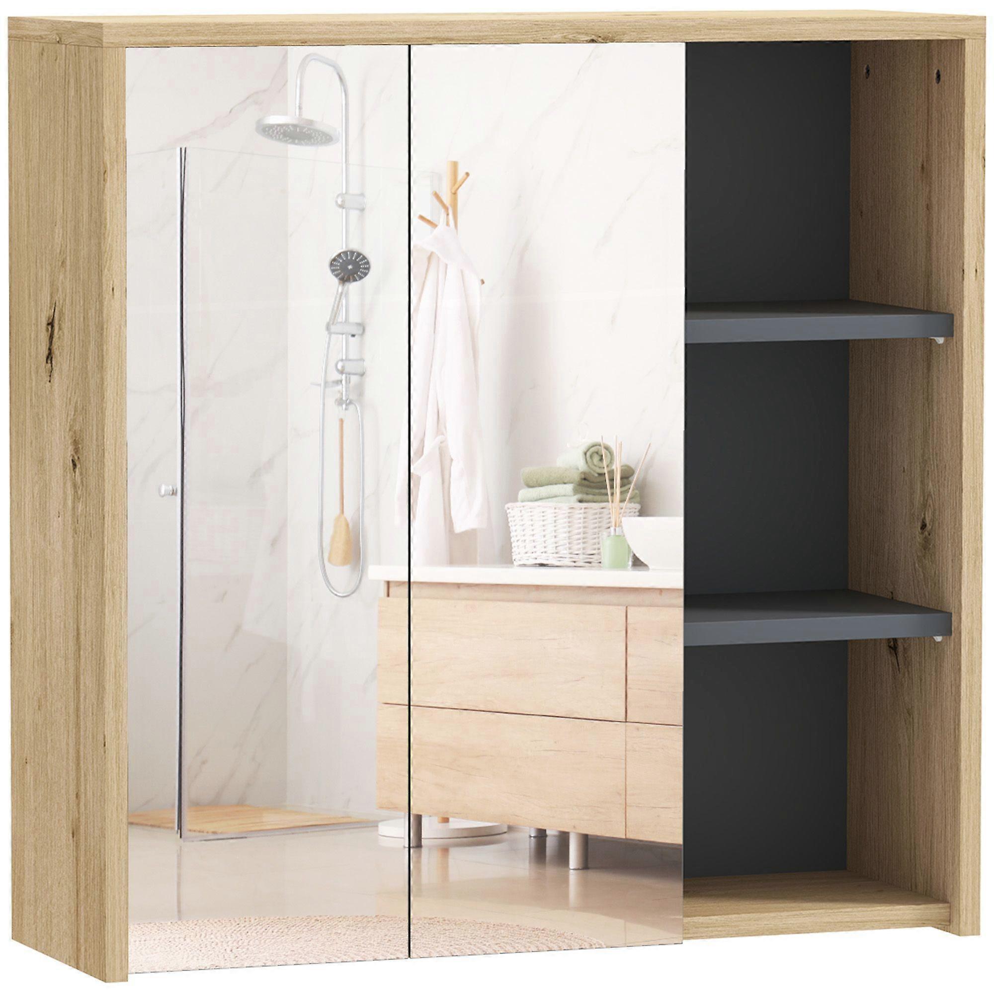 Five-Shelf Mirrored Bathroom Cabinet Wood-Effect