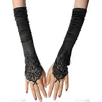 Schwarze, fingerlose Satinhandschuhe aus den 1920er Jahren für Damen – Kostümaccessoires im Stil der Goldenen Zwanziger