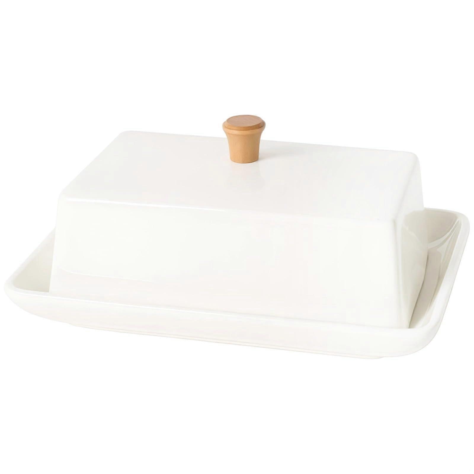 Large White Ceramic Butter Dish with Lid, Rectangular Butter Keeper for Fresh Countertop Storage