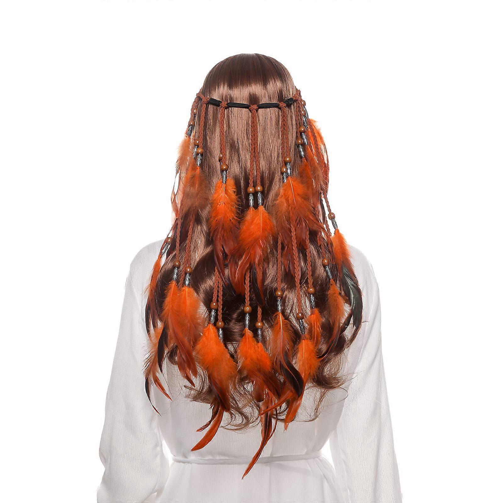 Boho Feather Headband Orange Pheasant Handmade Headdress with Adjustable Elastic for Festivals