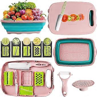 Multifunctional Chopping Board Foldable Set With Pink Vegetable Cutter