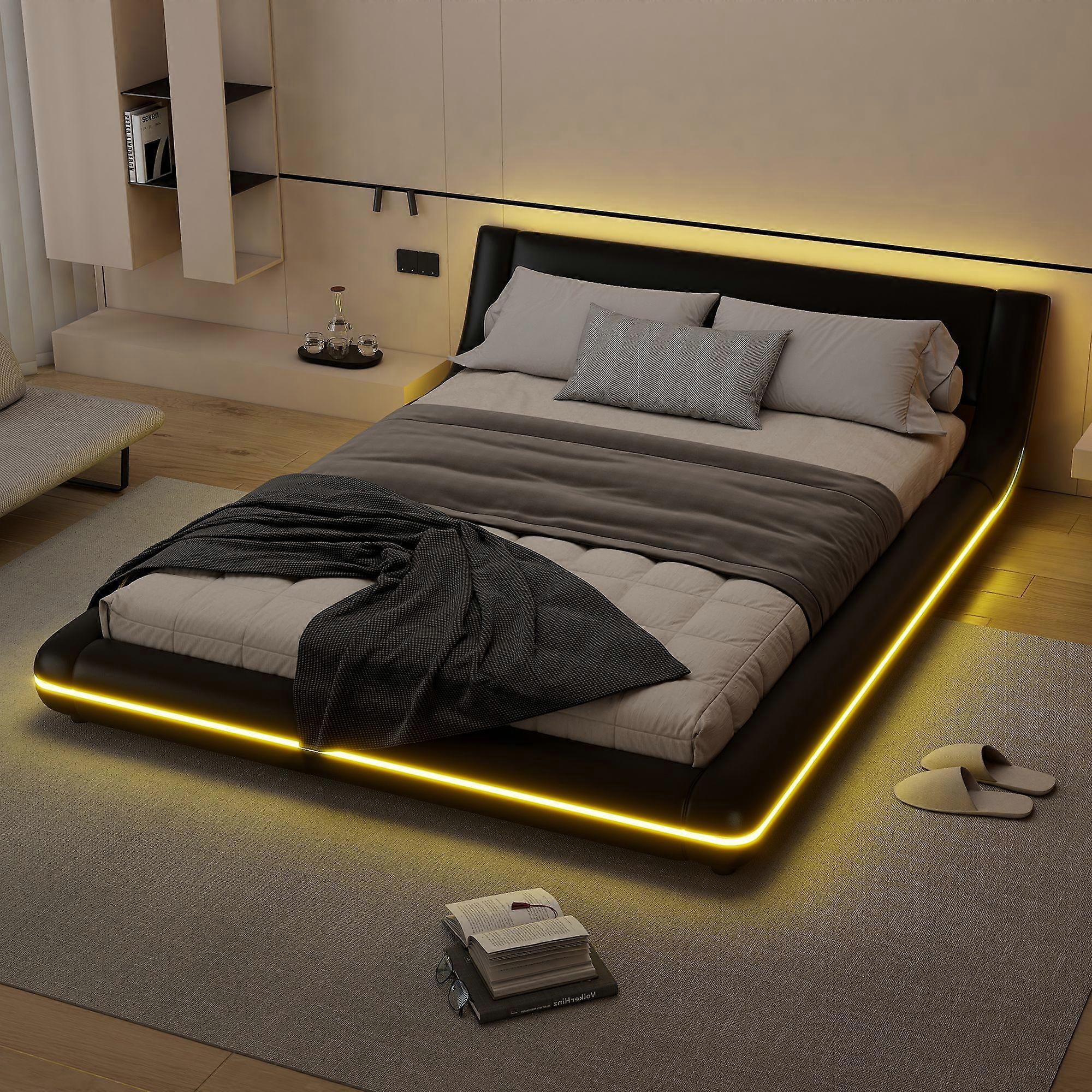 Letto a pavimento 140*200 cm, in PU, con luce ambientale a LED, colore nero.