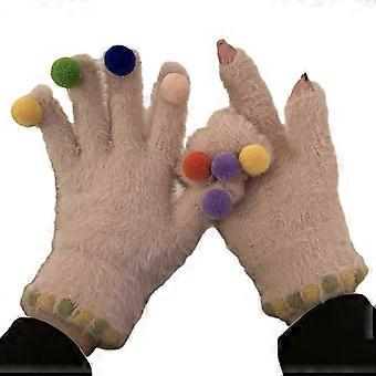 Damen Winter-Touchscreen-Handschuhe, modische, warme Handschuhe zum Texten für kaltes Wetter, farbenfrohe, flauschige Strickhandschuhe mit Plüschbommel, khaki