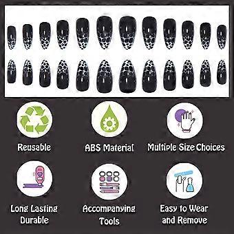 Black Almond Short Medium Press on Nails, 24pcs Fake Nails with Dots Leopard Design, Includes Glue for Women