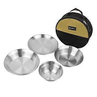 4pcs Camping Tableware Sets Reusable Stainless Steel Plates and Bowls for Outdoor Camping Hiking