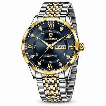 Men's Quartz Watch BINBOND Two-Tone Gold and Silver Blue Dial Waterproof Luminous Dual Calendar Korean Fashion JY
