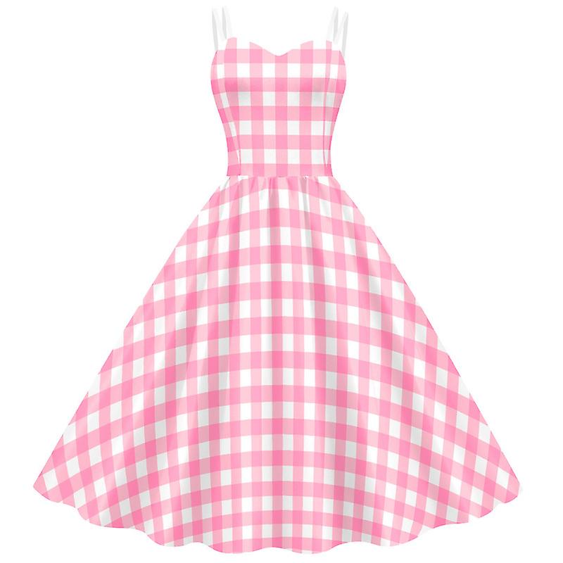 Kadınlar Için Vintage Pembe Gingham Elbise 1950'ler 50'ler Ekose Elbiseler Spagetti Askıları Rockabilly Çay Elbise