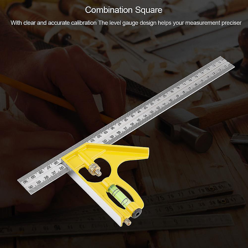 300mm Metal Adjustable Combination Square Right Angle Ruler Yellow