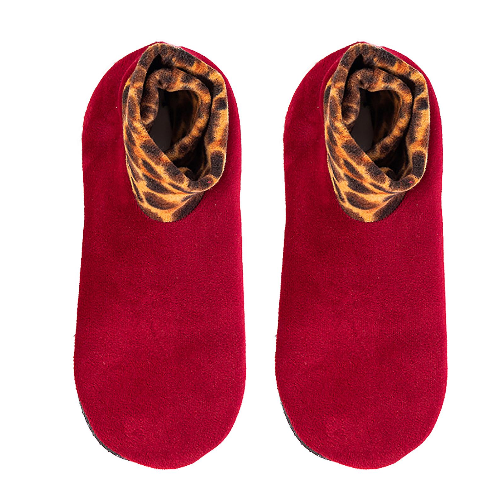 Double Layer Women Plush Lining Thick Slippers Leopard Patchwork Floor Socks