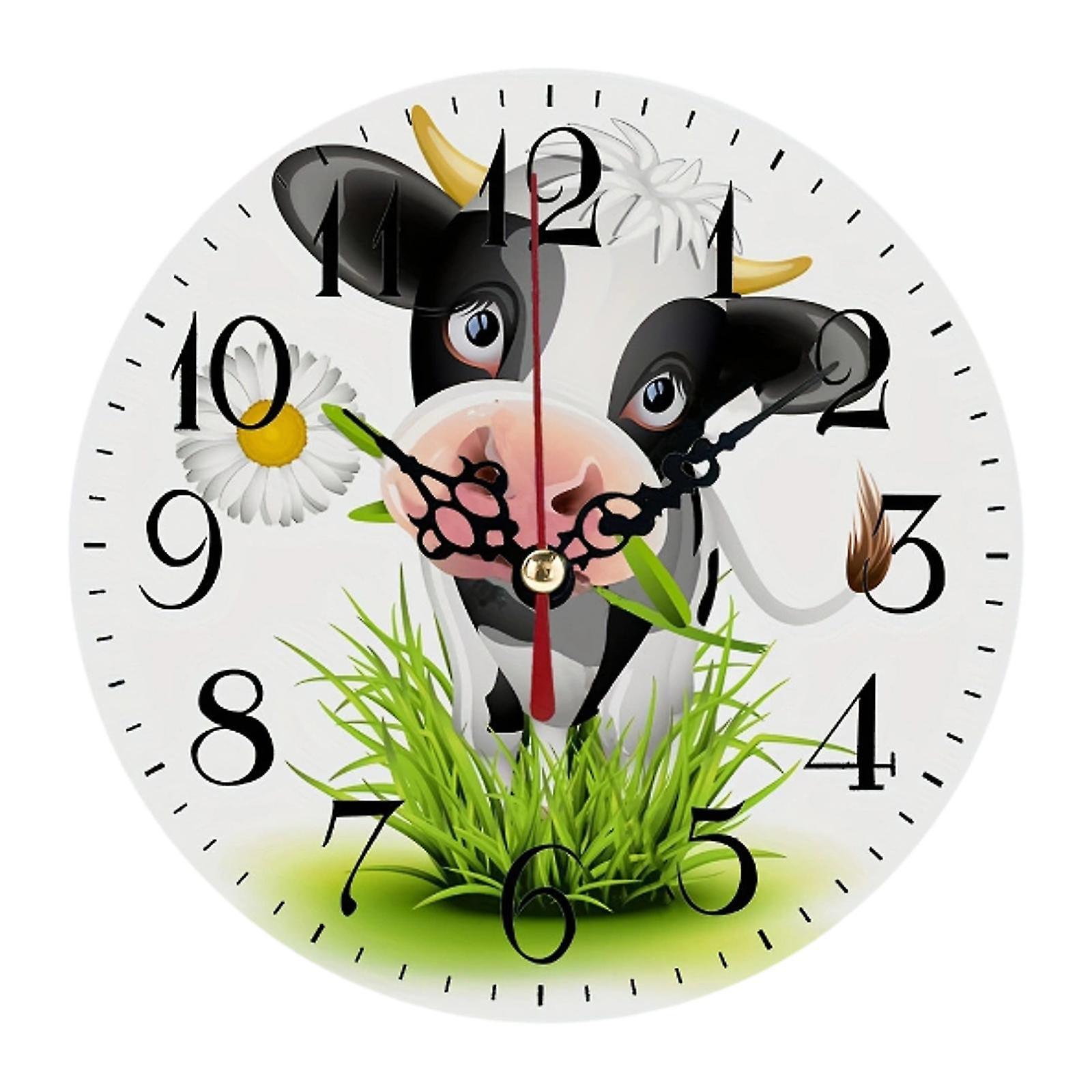 Decoração de relógio de parede de madeira com padrão de vaca rústica para escritório em casa resistente 25 cm 10 polegadas
