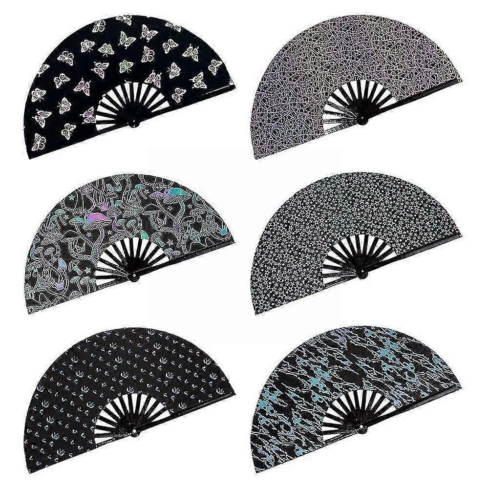 Reflective Rainbow Holographic Large Rave Folding Hand Fan Clack For Festivals And Performances Lightweight Durable