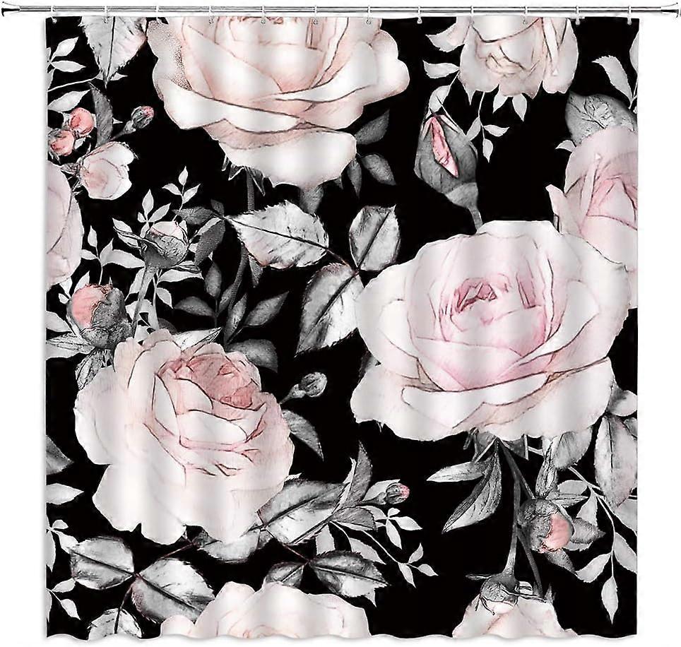 ροζ τριαντάφυλλο κουρτίνα ντους ακουαρέλα floral μοτίβο ρετρό κομψότητα ανοιξιάτικο λουλούδι γκρι φύλλα ρουστίκ φυτό μαύρο φόντο μοντέρνο δημιουργικό μοναδικό fabri