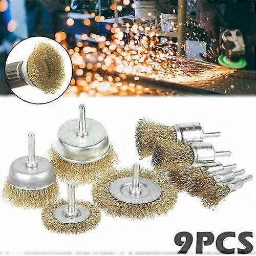 9PCS Rotary Brass Wire Cleaning Wheel Cup Brush Drill Attachment Bit Set Tool UK NO.7922