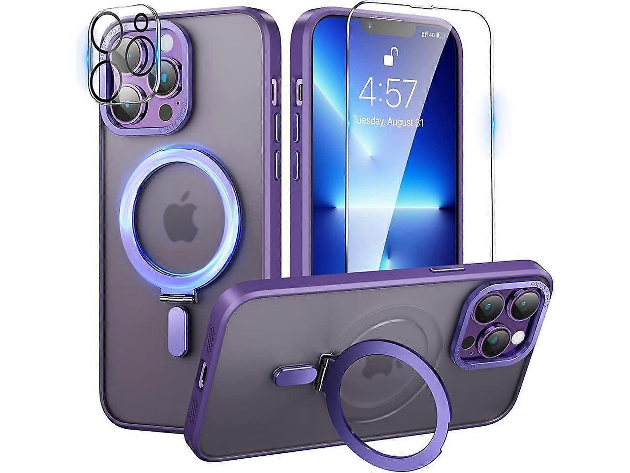 For iPhone 11 Pro Max Case with Magnetic Invisible Stand [Compatible with Magsafe] [Tempered Glass Screen Protector + Camera Lens Protector] Shockproo