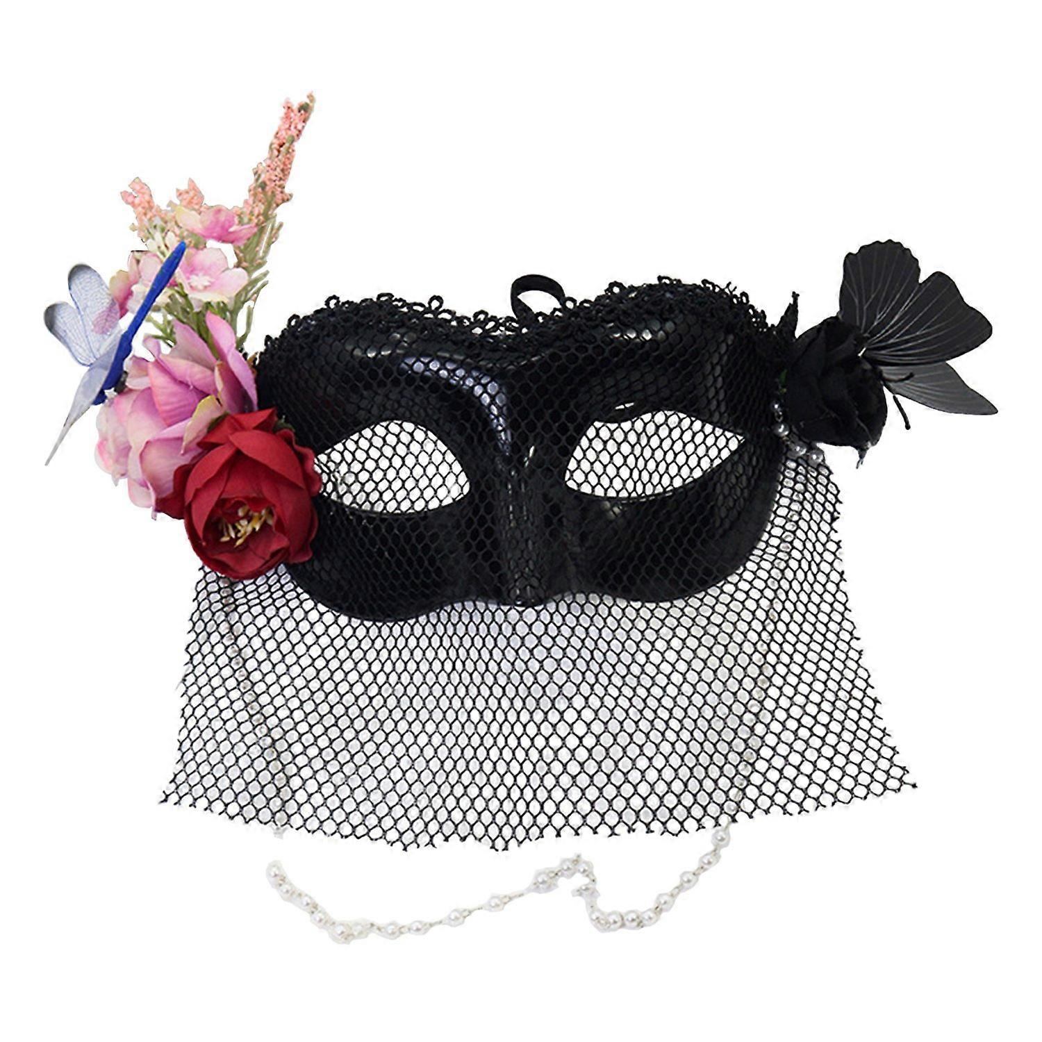 Masquerade Party Face Cushion Lace Eye Cover with Roses Mysterious Lace Headpiece for Halloween