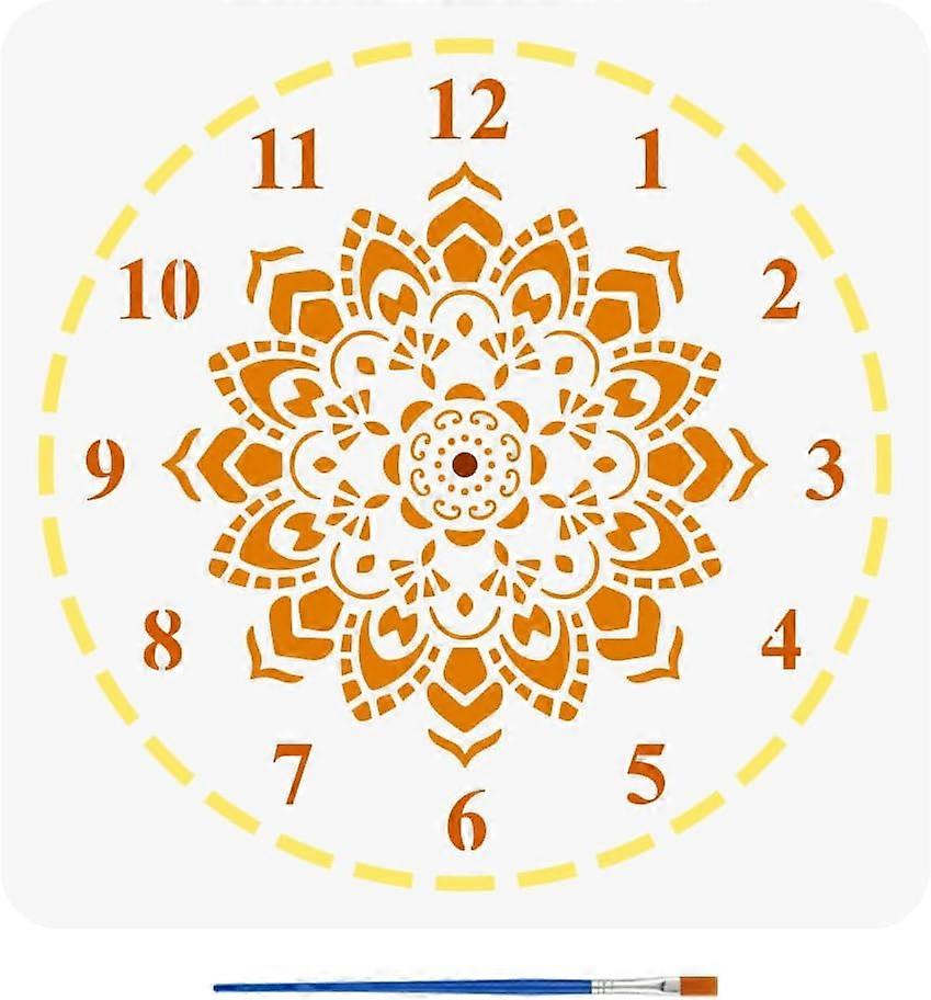 Mandala Clock Face Stencil with a Paint Brush 11.8x11.8inch Brocade Clock Dial Large Stencil Mandala Flower Clock Stencil Floral Clock Theme Stencil f
