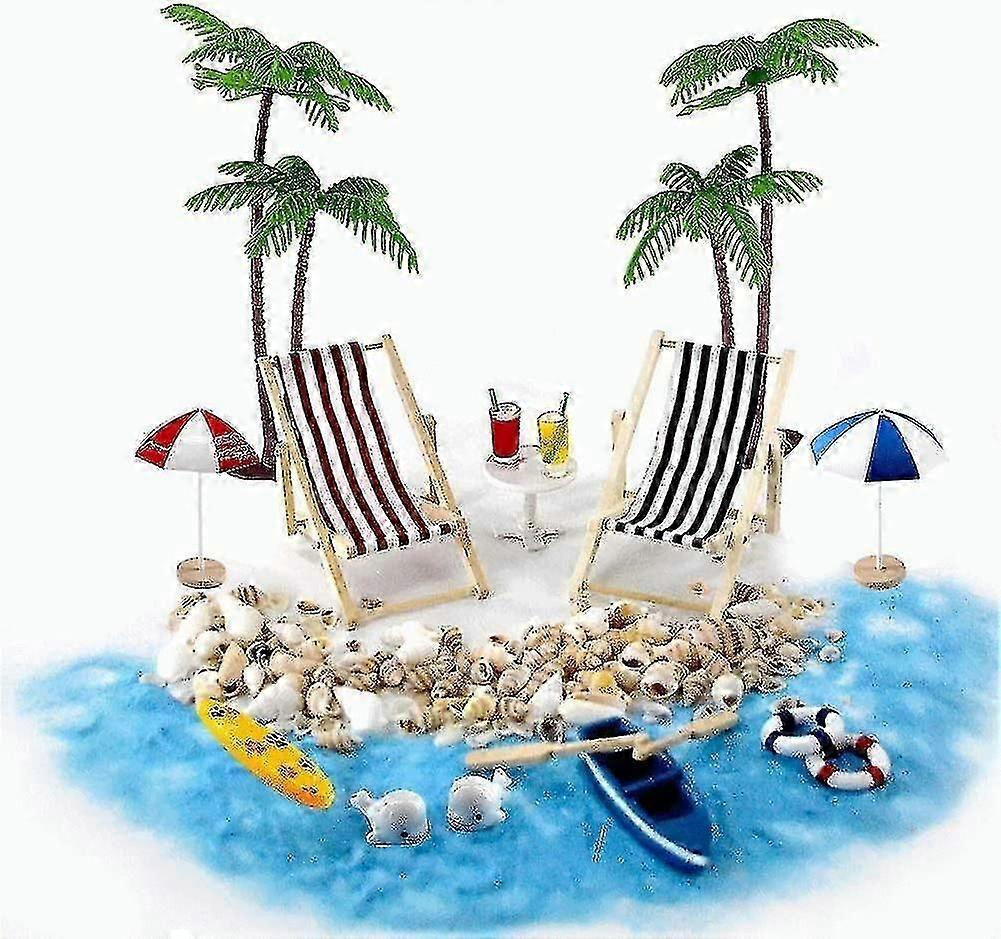 ビーチマイクロランドスケープミニデッキチェアビーチチェアパラソル小さなヤシの木の装飾アクセサリー、16ピースミニチュアオーナメントセットDIYの妖精、ガード