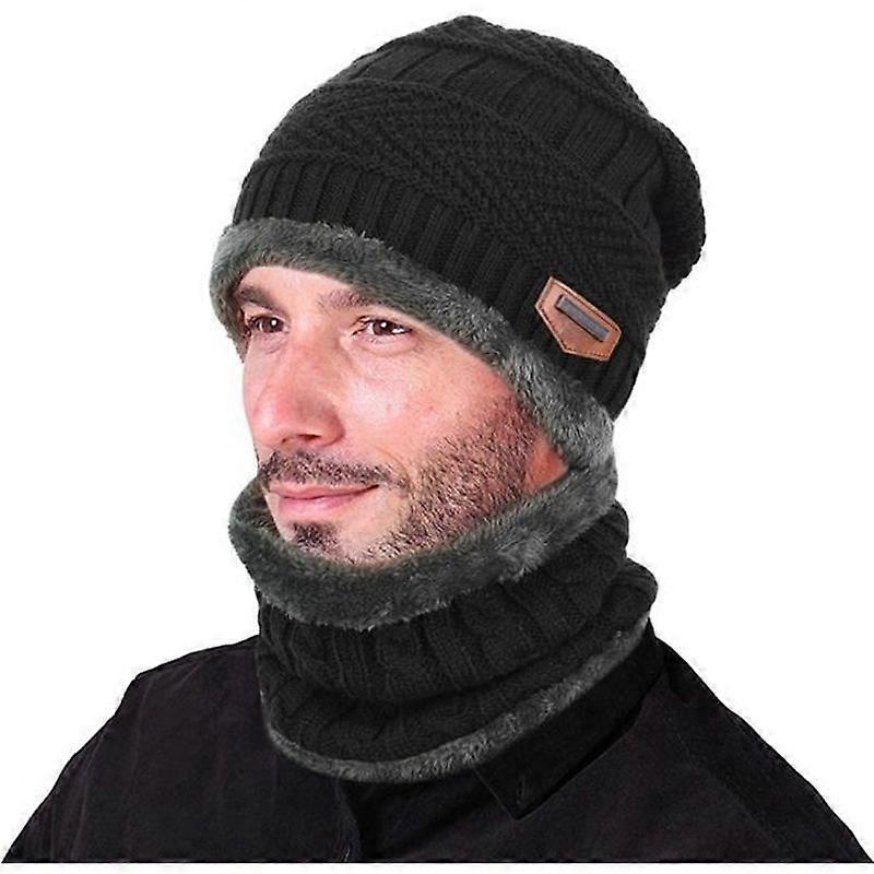 Vbiger Men Winter Warm Knitted Hat and Scarf Set Black