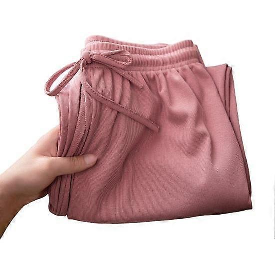 Women Casual Pants Elastic Waist Adjustable Drawstring Solid Color Long Trousers Ice Silk Wide Leg Draped Pants Streetwear